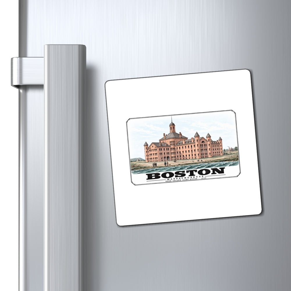 large symmetrical alms house building, grounds and figures magnet on a refrigerator beside its handle
