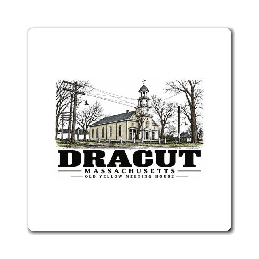Front of Old Yellow Meeting House square vinyl magnet, Dracut, Massachusetts.