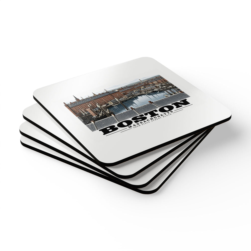 Stack of four square white coasters with black edges; top coaster shows Boston Harbor warehouses, moored vessels and Boston lettering