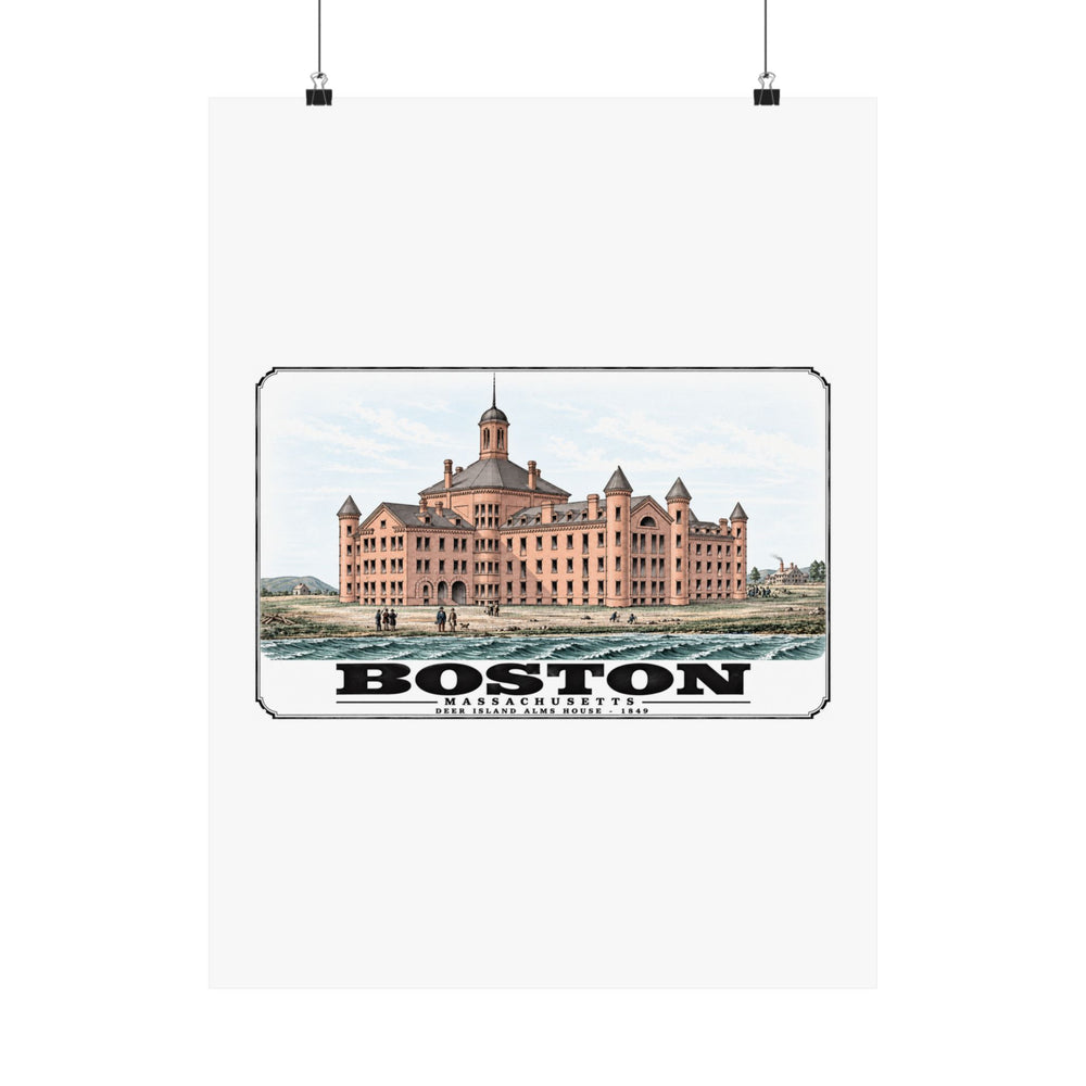 large symmetrical alms house building, grounds and figures poster with Boston lettering hanging from two binder clips