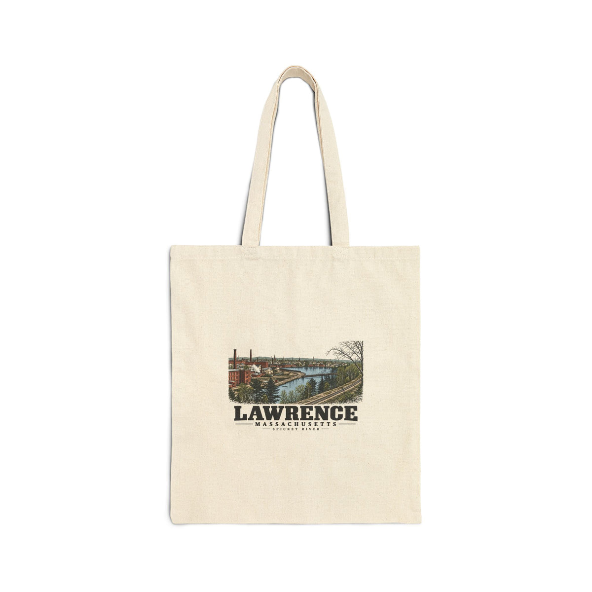 Spicket River factories and railroad tracks Natural + Black Heavy Canvas Tote - Merrimack Valley Goods