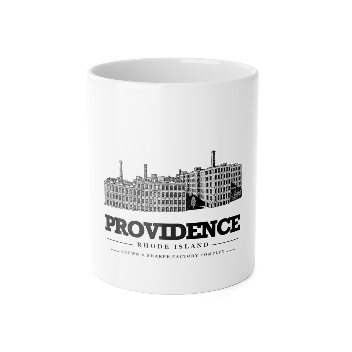 11 oz ceramic mug with Providence Brown & Sharpe Factory Complex artwork, front view