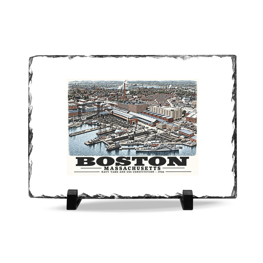 Illustrated Dry Dock 5 and Constitution Pier in Charlestown on slate desk plaque