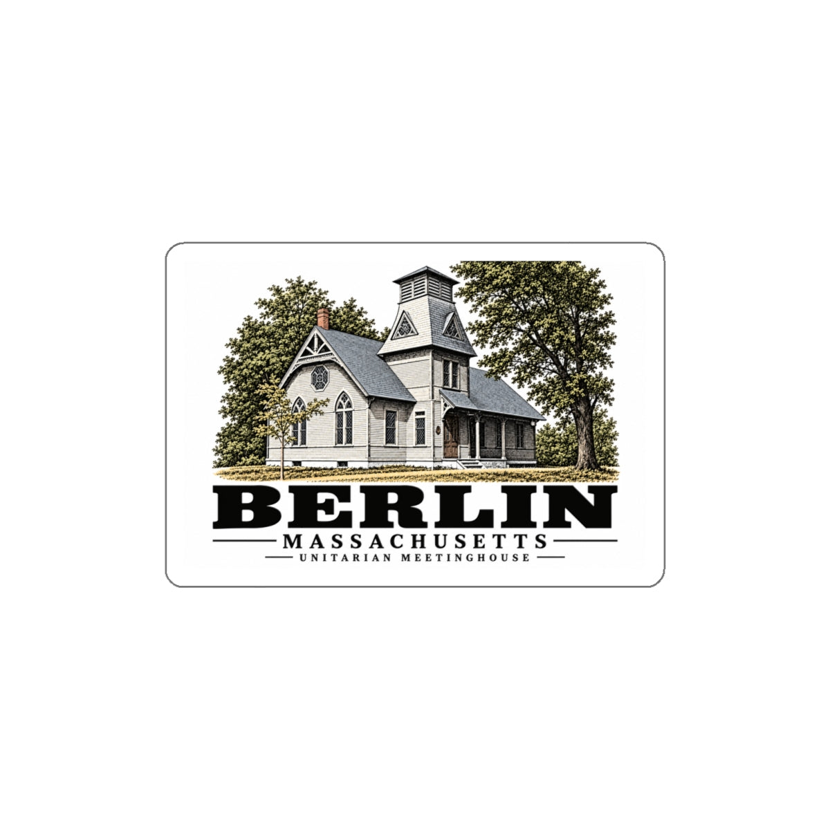 Illustrated Unitarian Meetinghouse in Berlin on die-cut sticker