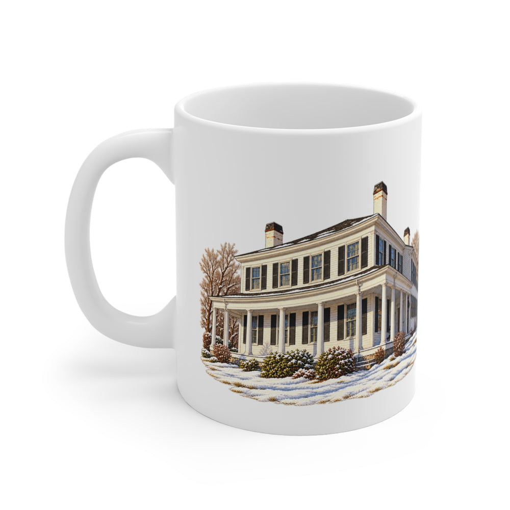 Leicester Swan Tavern 11 oz ceramic mug — artwork view, handle left — Familiar History