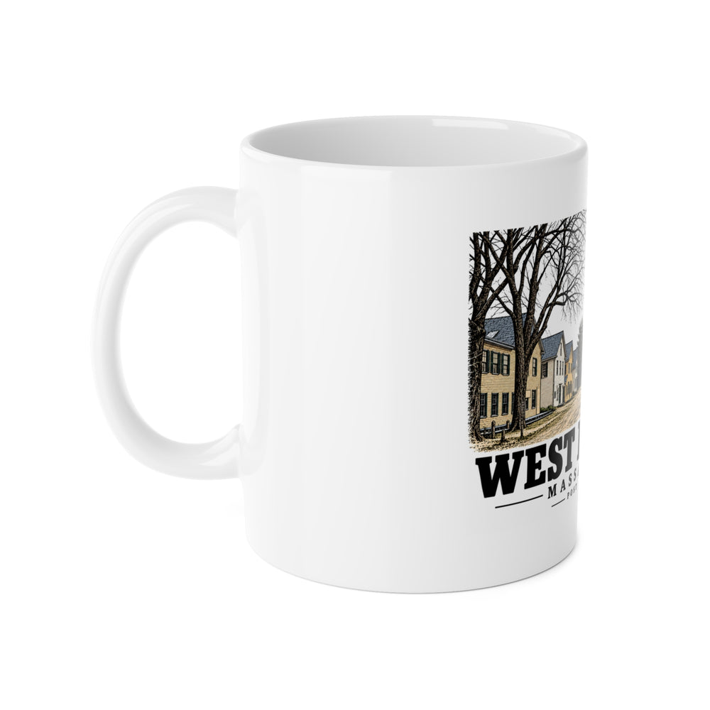 Left-handle side view of Post Office Square white ceramic mug, West Newbury, Massachusetts.