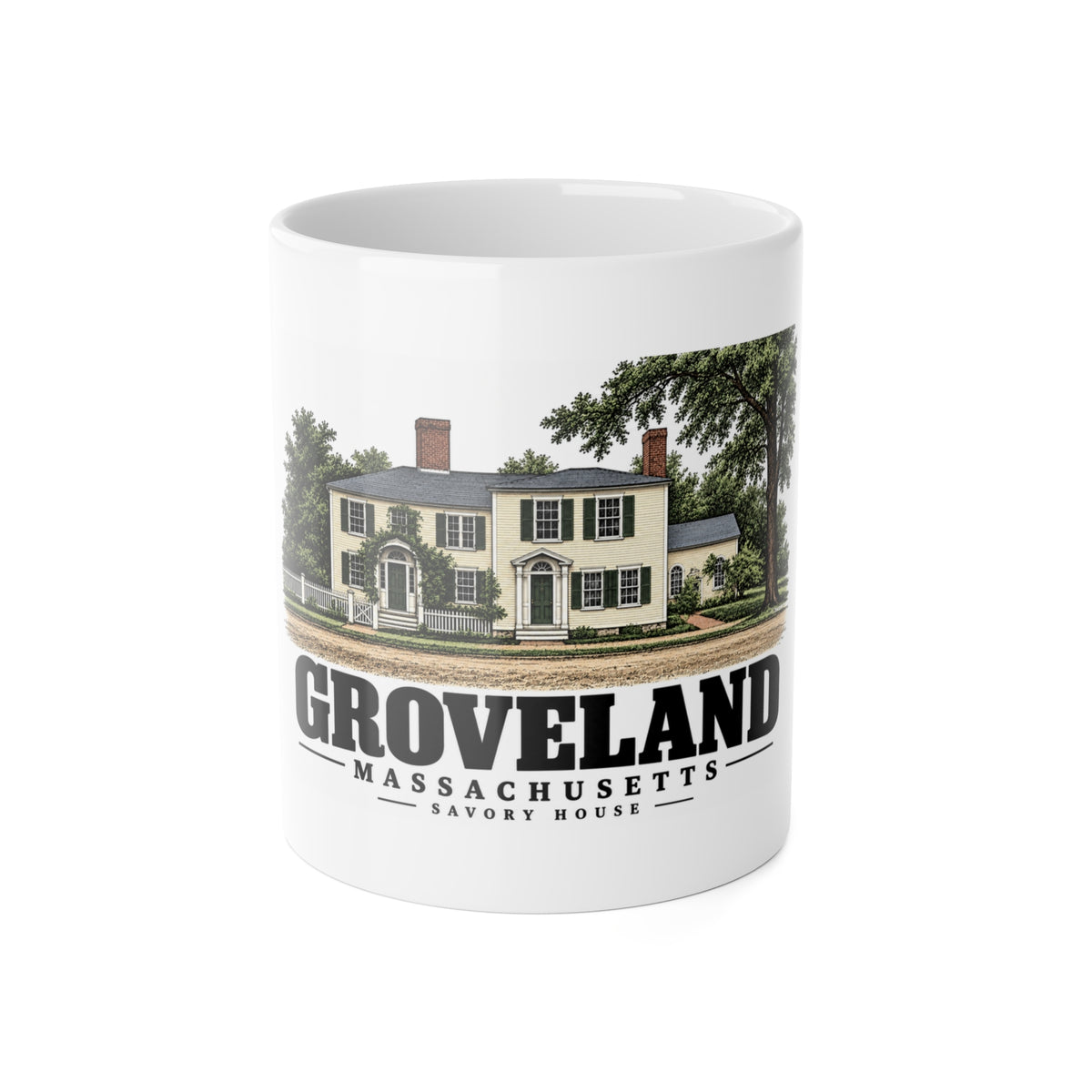 Groveland Savory House exterior, Groveland, Massachusetts 11 oz White Ceramic Mug - Merrimack Valley Goods