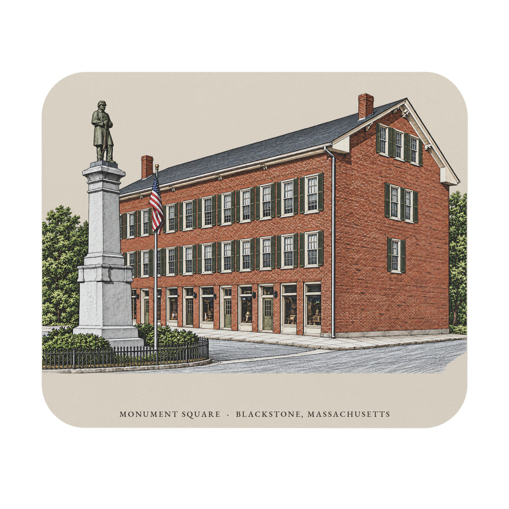 Blackstone Monument Square / Blackstone Block mouse pad mockup showing the full illustrated print