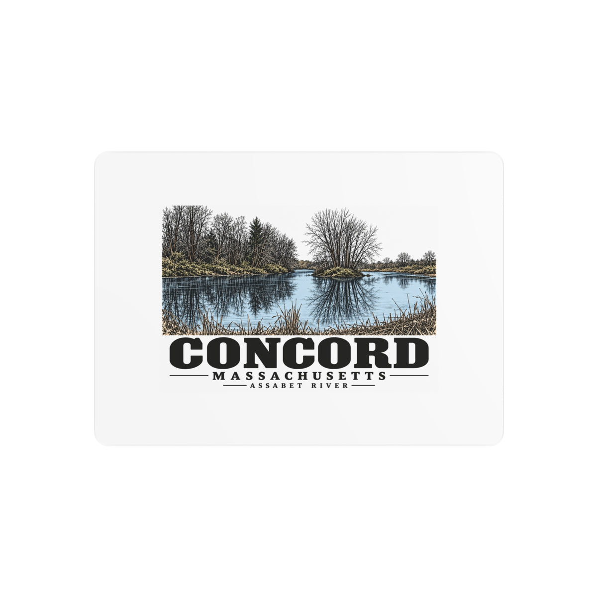 Illustrated Assabet River in Concord on metal art sign