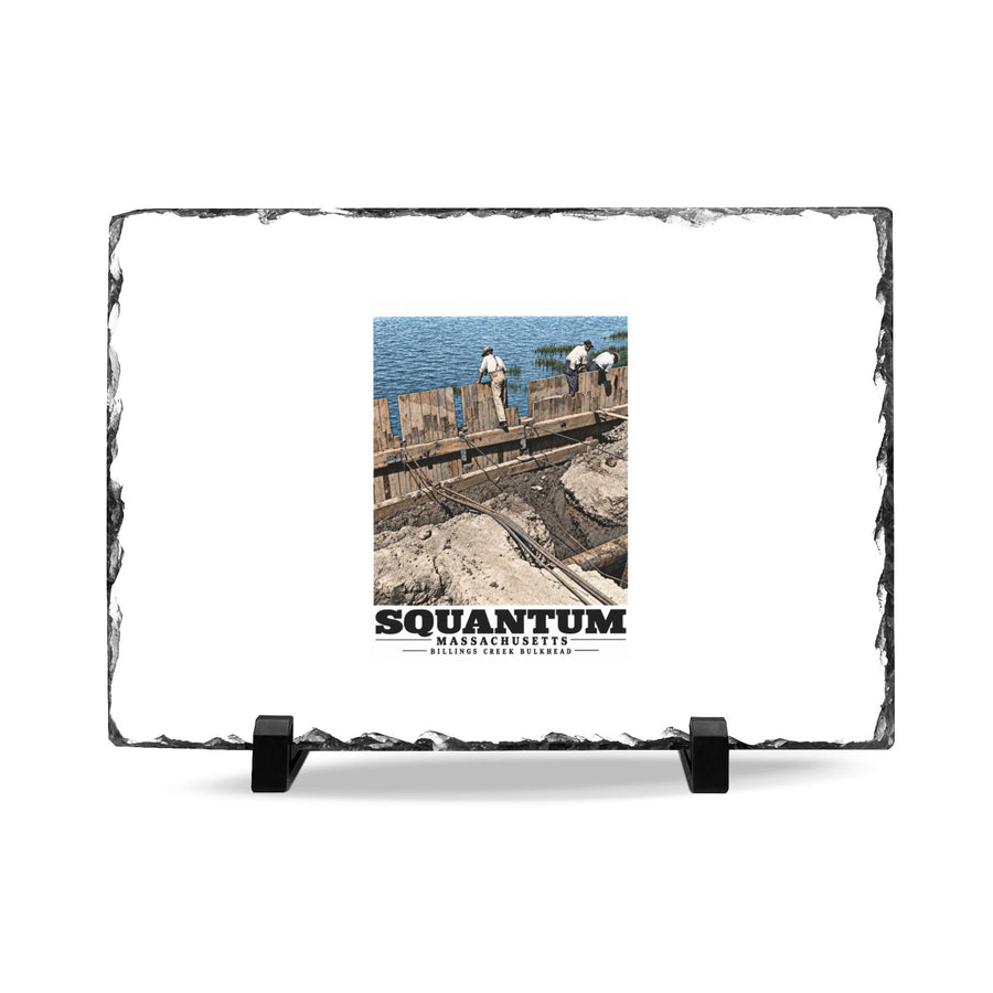 Repairing wood bulkhead-Billings Creek, Squantum 7 × 11 in Slate Desk Plaque - Boston Harbor