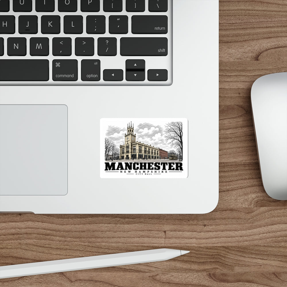 Laptop display of Manchester City Hall white die-cut sticker, Manchester, New Hampshire.