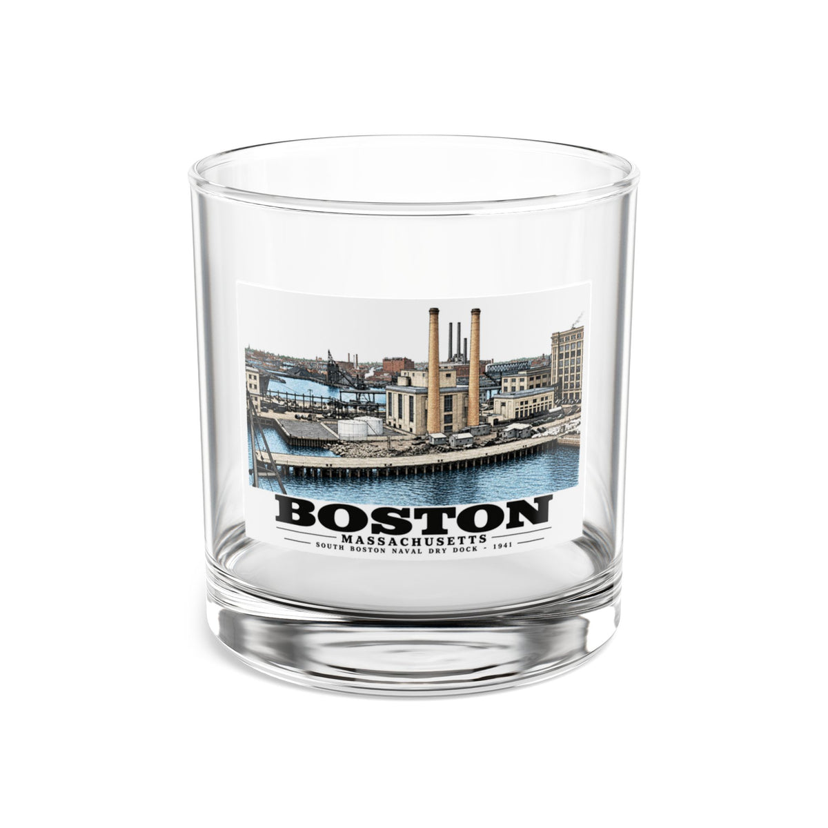South Boston Dry Dock Area Mar 29-41 from roof of elevator shaft SE 10 oz Rocks Glass - Boston Harbor