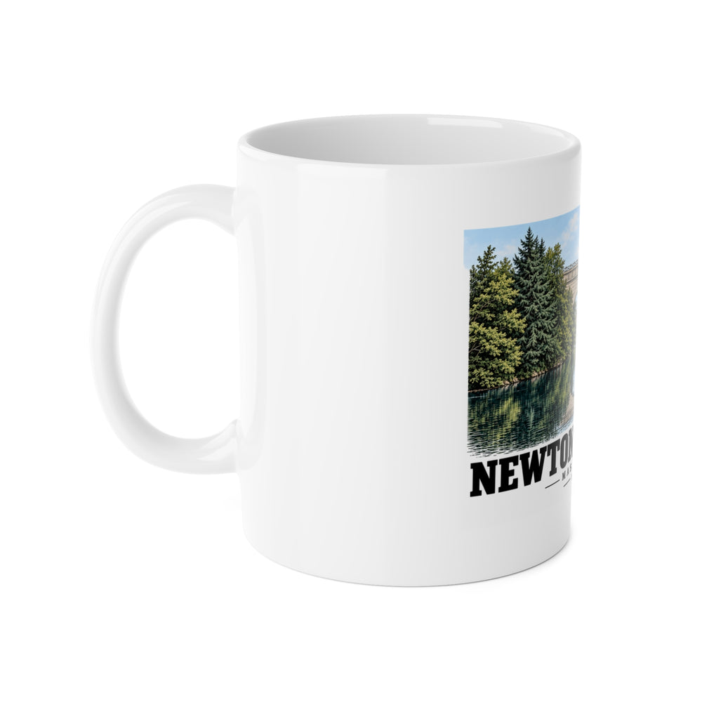 White mug with handle at left and part of the Echo Bridge landscape print at right