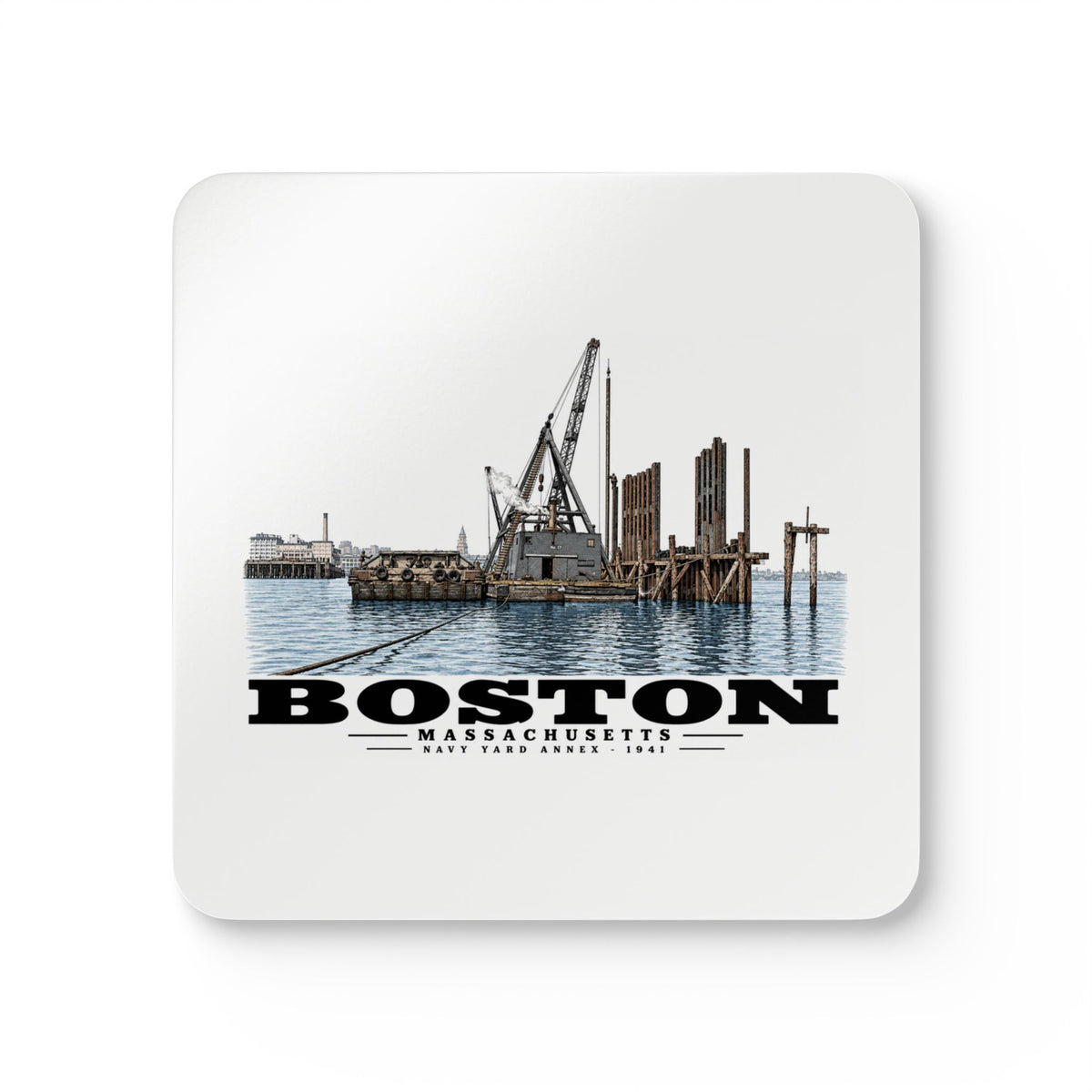 View from water of Navy Yard Annex/Dry Dock Cork Back Coaster Set - Boston Harbor