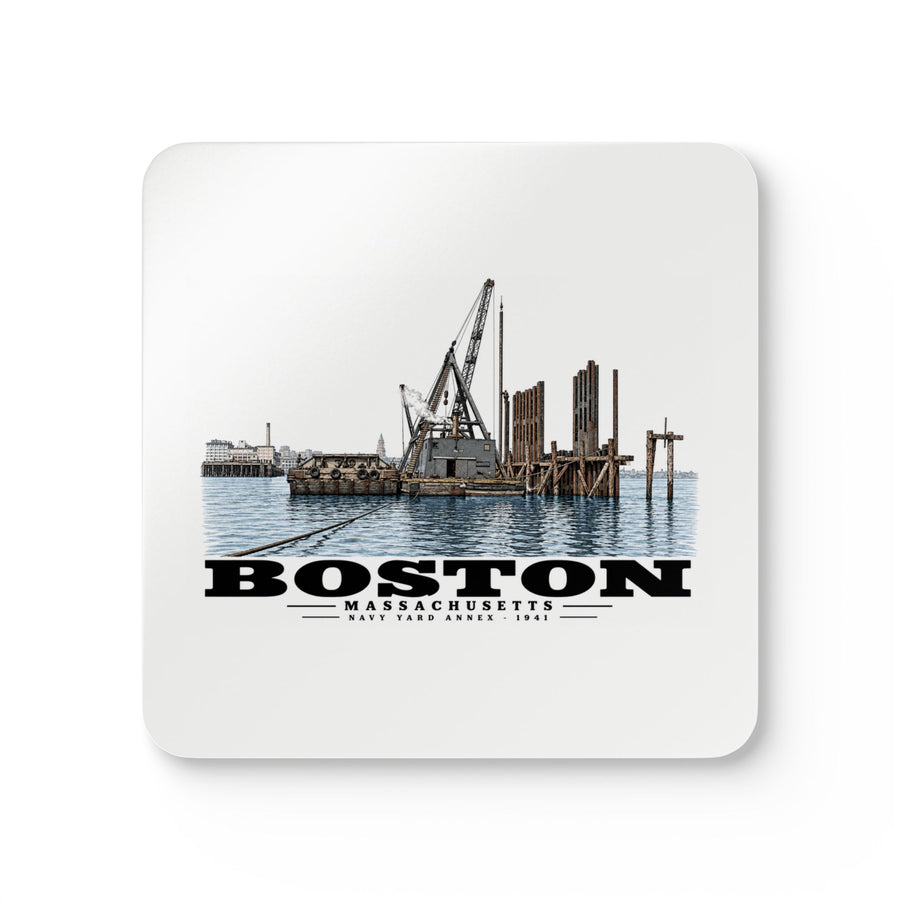 View from water of Navy Yard Annex/Dry Dock Cork Back Coaster Set - Boston Harbor
