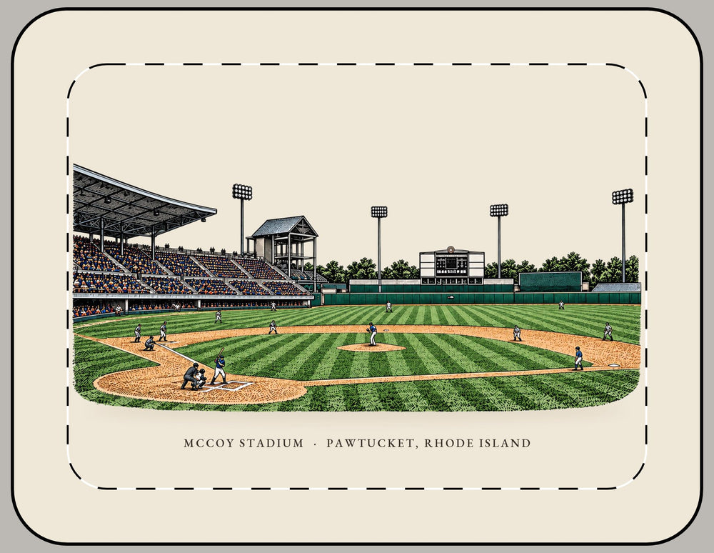 Pawtucket McCoy Stadium 15-inch laptop sleeve mockup showing the full illustrated print