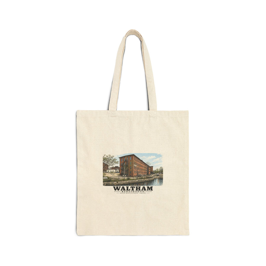 Illustrated Boston Manufacturing Company in Waltham on cotton canvas tote — natural canvas