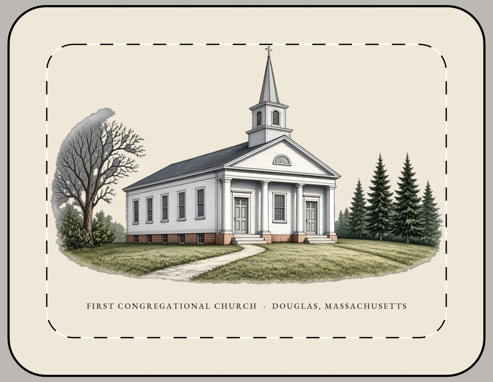 Douglas First Congregational Church 15-inch laptop sleeve mockup showing the full illustrated print