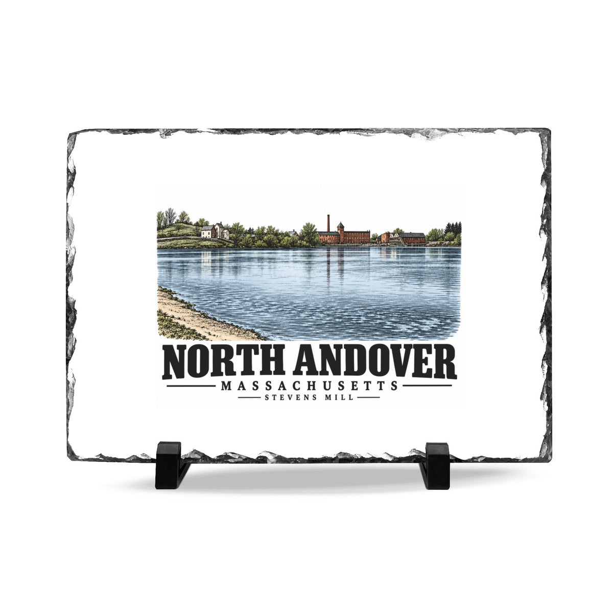 Front on display stands of Stevens Mill slate desk plaque, with North Andover, Massachusetts artwork and lettering.