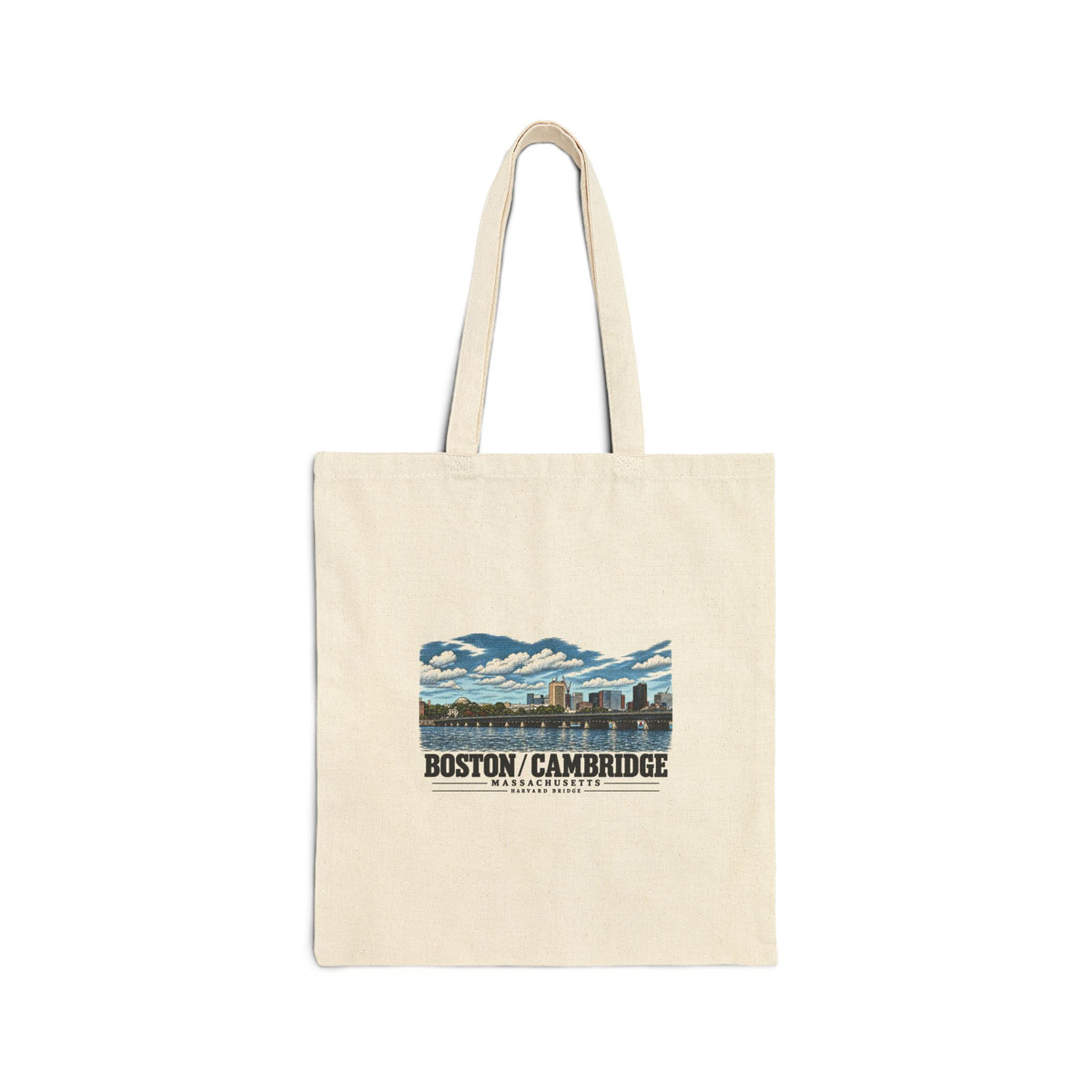 Natural fabric tote with Harvard Bridge river and skyline view artwork and Boston/Cambridge lettering
