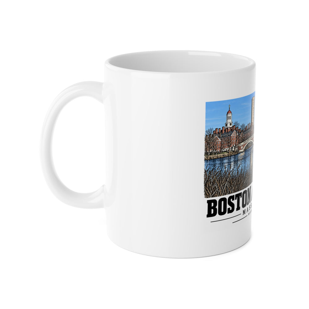 White mug with handle at left and part of the Weeks Footbridge stone arches and riverside towers print at right