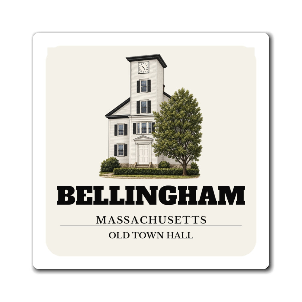 Bellingham Old Town Hall 4 inch magnet shown on a refrigerator