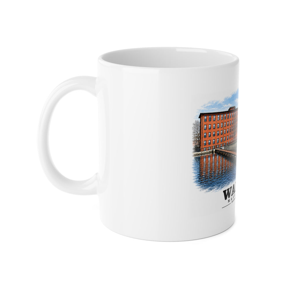 Boston Manufacturing Company, 144-190 Moody Street; Moody Street Dam, Charles River 11 oz White Ceramic Mug - Charles River