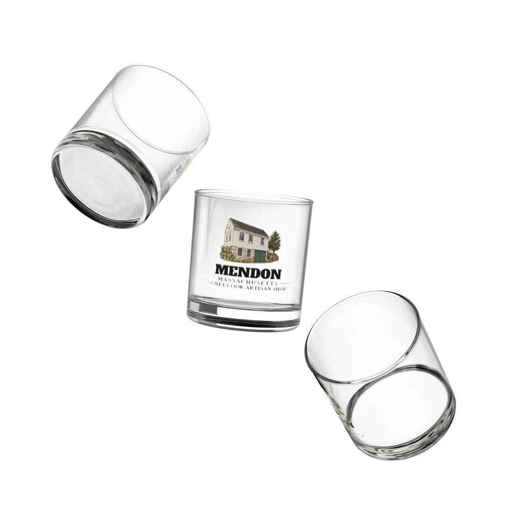 Angled view of Mendon Olney Cook Artisan Shop 10 oz Rocks Glass