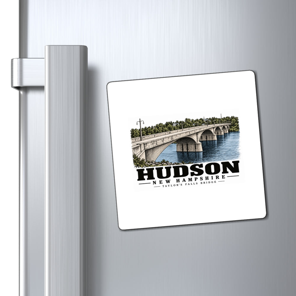 Refrigerator display of Taylor’s Falls Bridge square vinyl magnet, Hudson, New Hampshire.