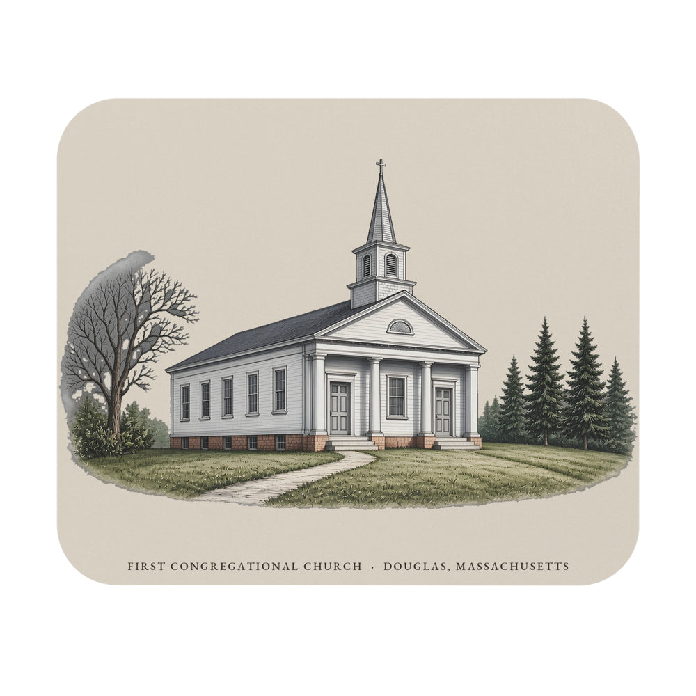 Douglas First Congregational Church mouse pad mockup showing the full illustrated print