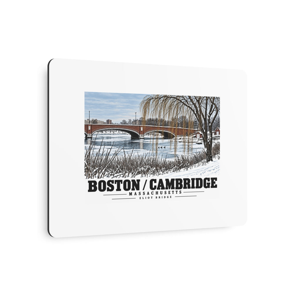Angled view of Eliot Bridge winter river view with snow and bare trees metal print with its dark edge visible