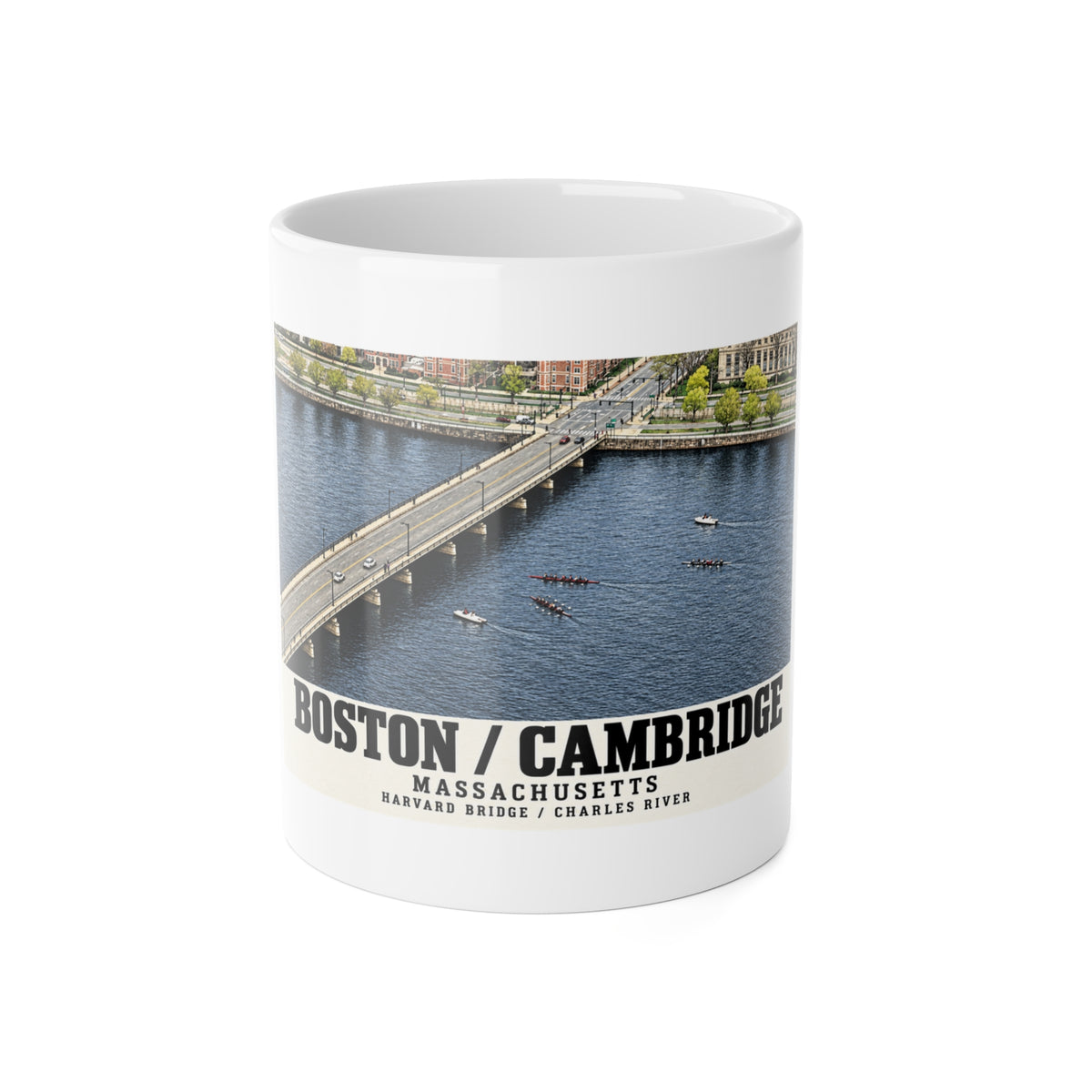 White mug showing Harvard Bridge aerial view with scullers on the Charles River artwork and Boston/Cambridge lettering