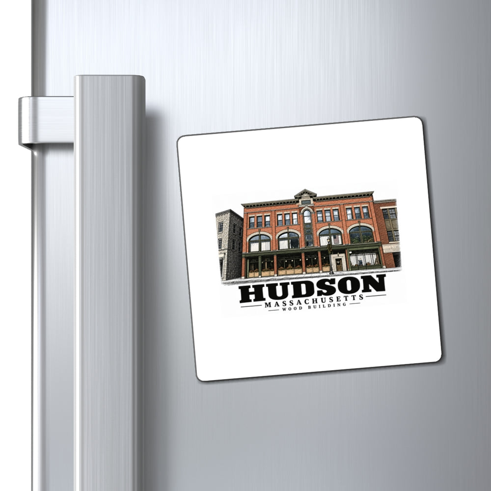 Illustrated Wood Building in Hudson on square magnet