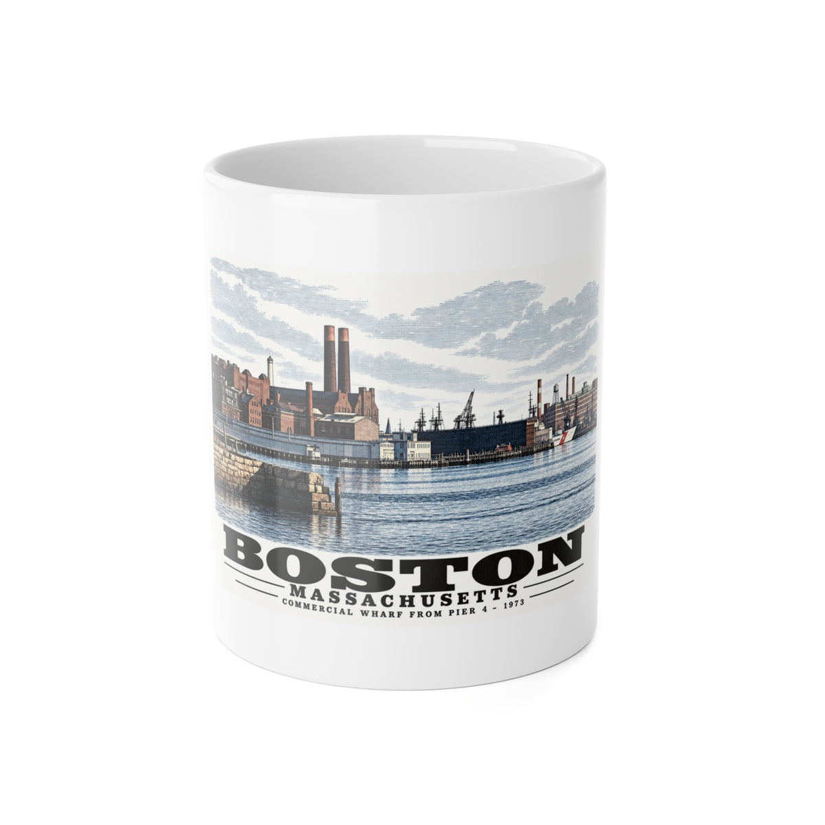 White mug showing Commercial Wharf waterfront buildings, twin chimneys and harbor water artwork and Boston lettering