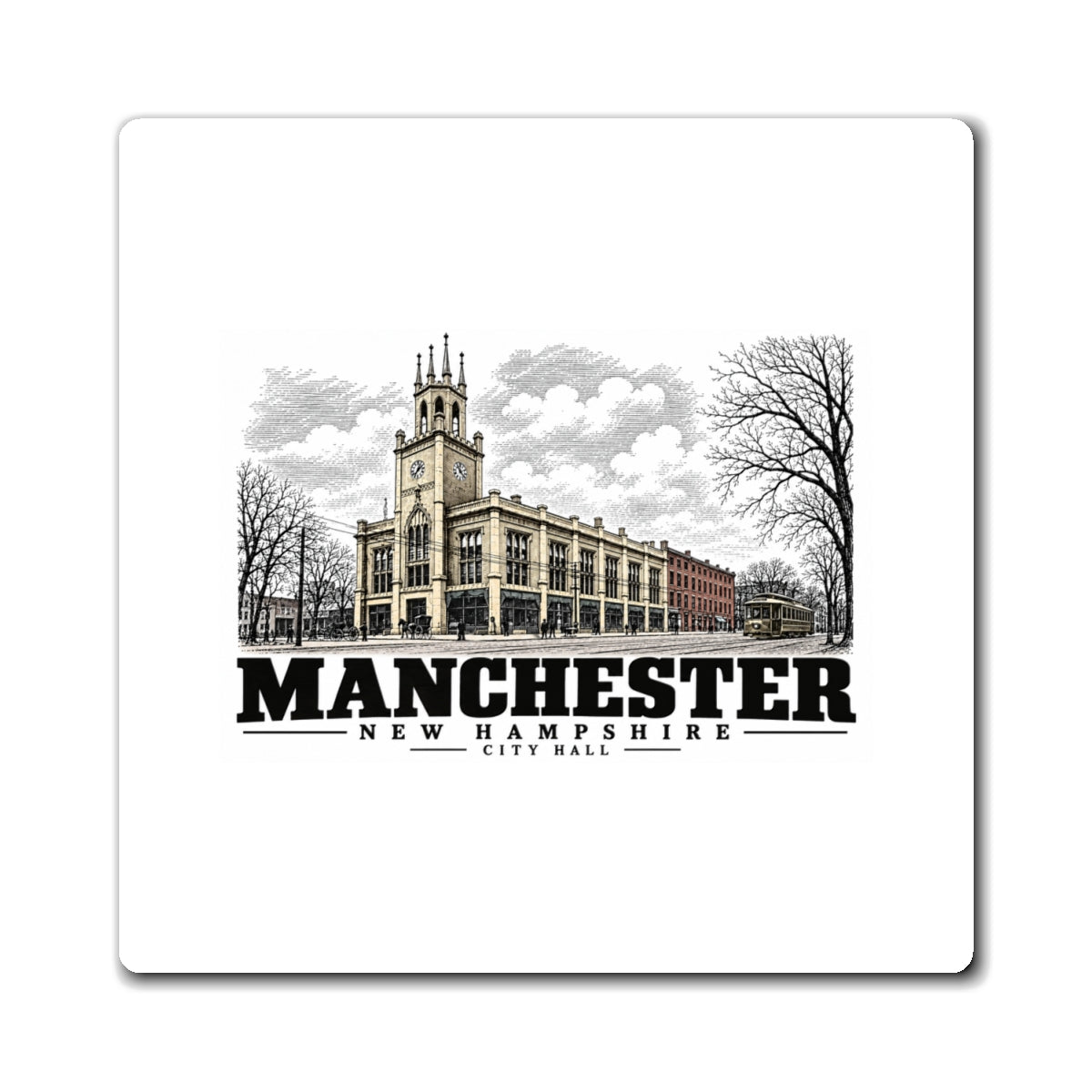 Front of City Hall square vinyl magnet, Manchester, New Hampshire.