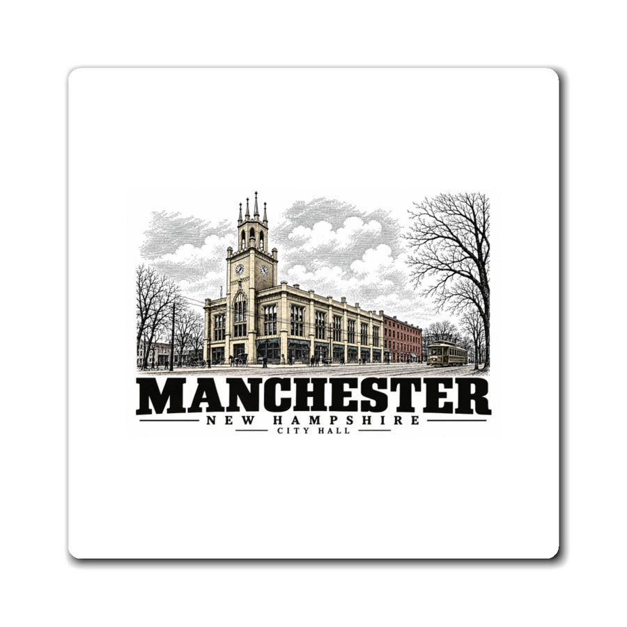 Front of City Hall square vinyl magnet, Manchester, New Hampshire.