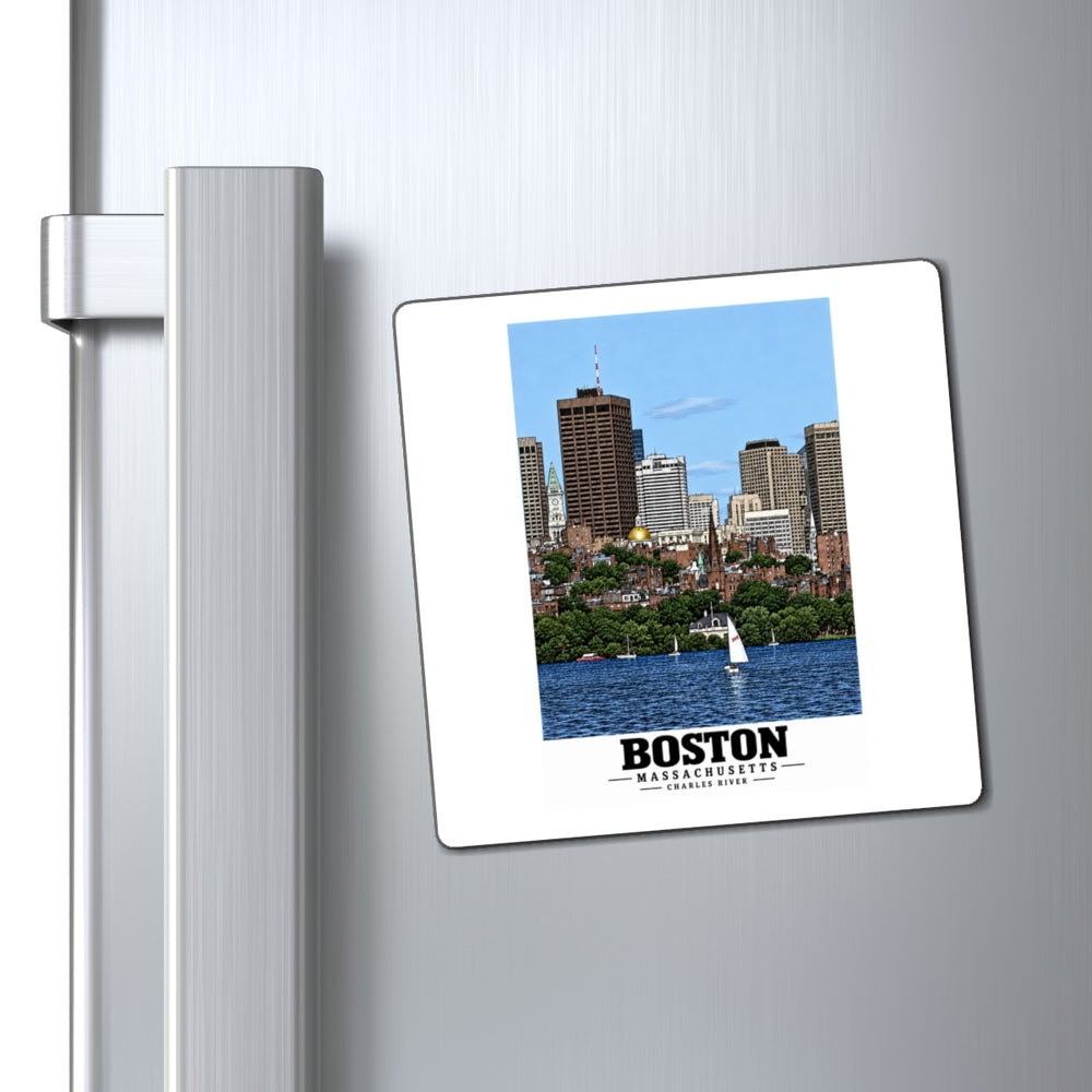 Illustrated View of Boston, Massachusetts, from the Charles River in Boston and Cambridge on square magnet