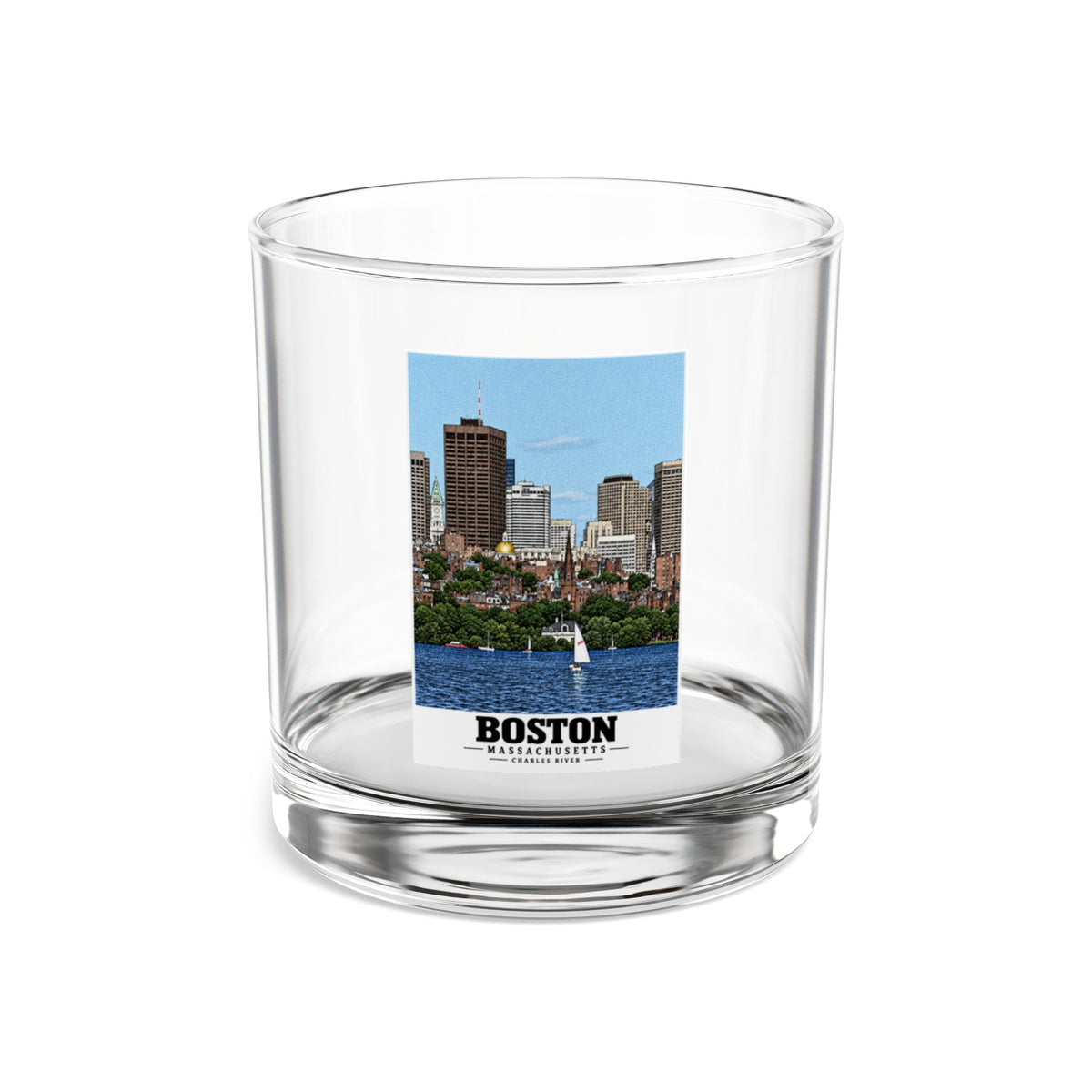 Illustrated View of Boston, Massachusetts, from the Charles River in Boston and Cambridge on rocks glass