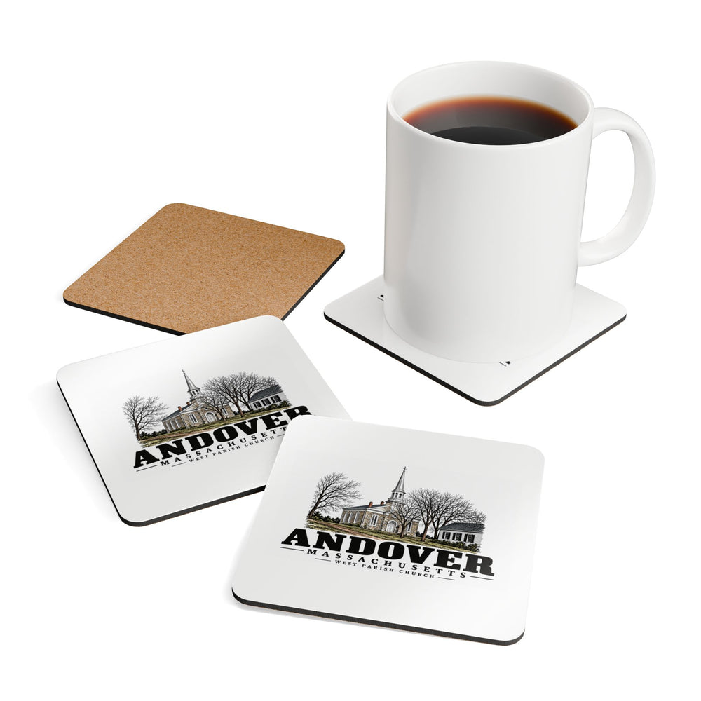 Andover West Parish Church exterior, frontispiece Cork Back Coaster Set - Merrimack Valley Goods