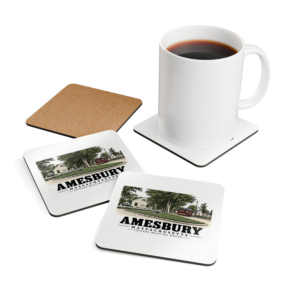 Amesbury Friends Meeting House, Friend Street, with streetcar Cork Back Coaster Set - Merrimack Valley Goods