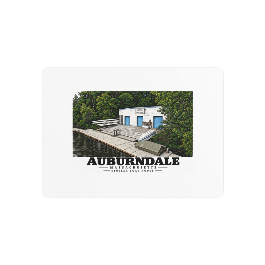 Front view of the metal art sign with Auburndale Stoller Boathouse artwork.