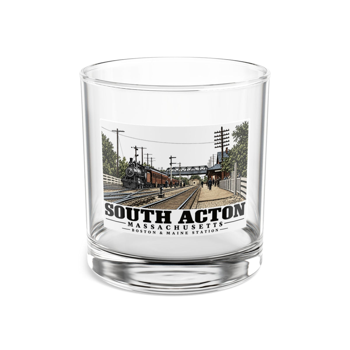 Illustrated Boston & Maine Station in South Acton on rocks glass