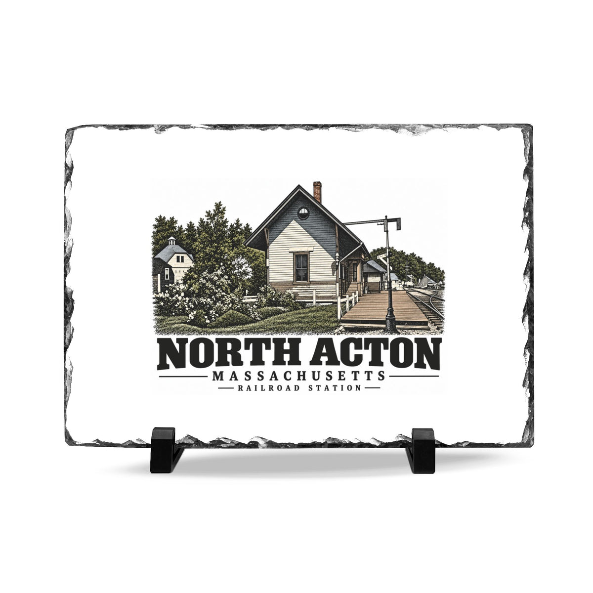 Illustrated North Acton Railroad Station in Acton on slate desk plaque