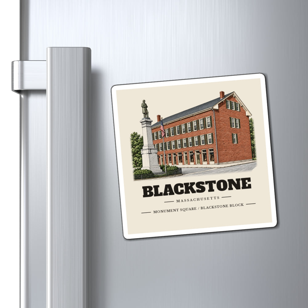 Blackstone Monument Square / Blackstone Block 4 inch magnet shown on a refrigerator