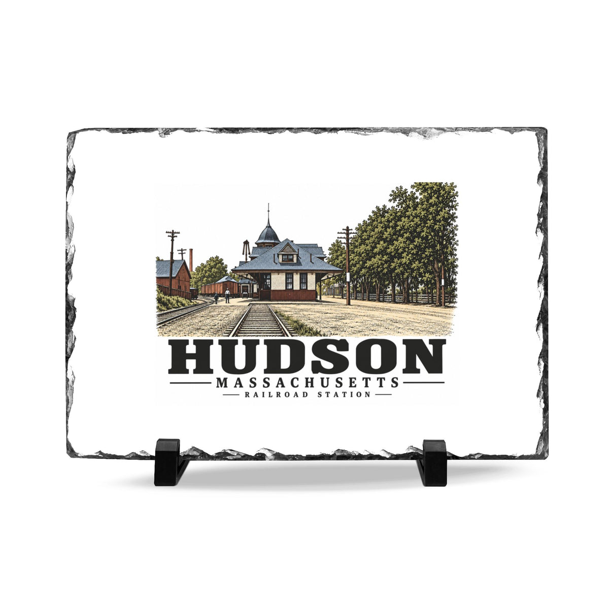 Illustrated Railroad Station in Hudson on slate desk plaque