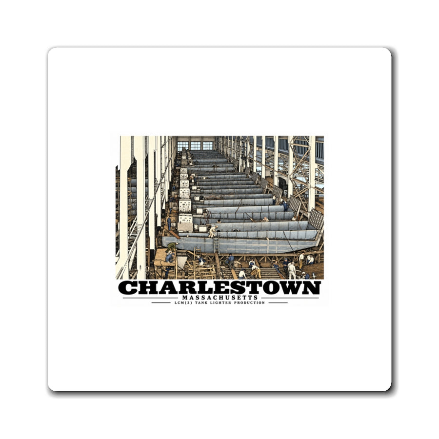 Front of white 4 inch square magnet with landing-craft production artwork and Charlestown lettering