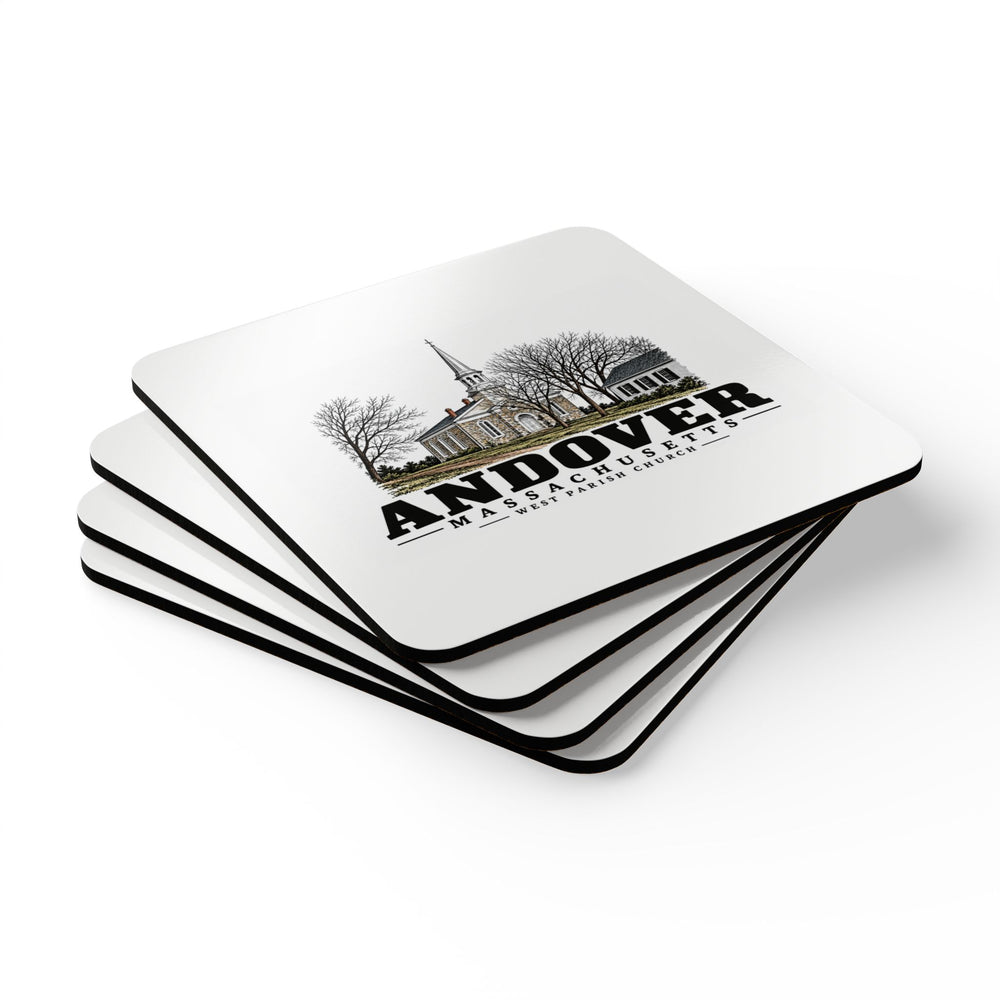 Andover West Parish Church exterior, frontispiece Cork Back Coaster Set - Merrimack Valley Goods