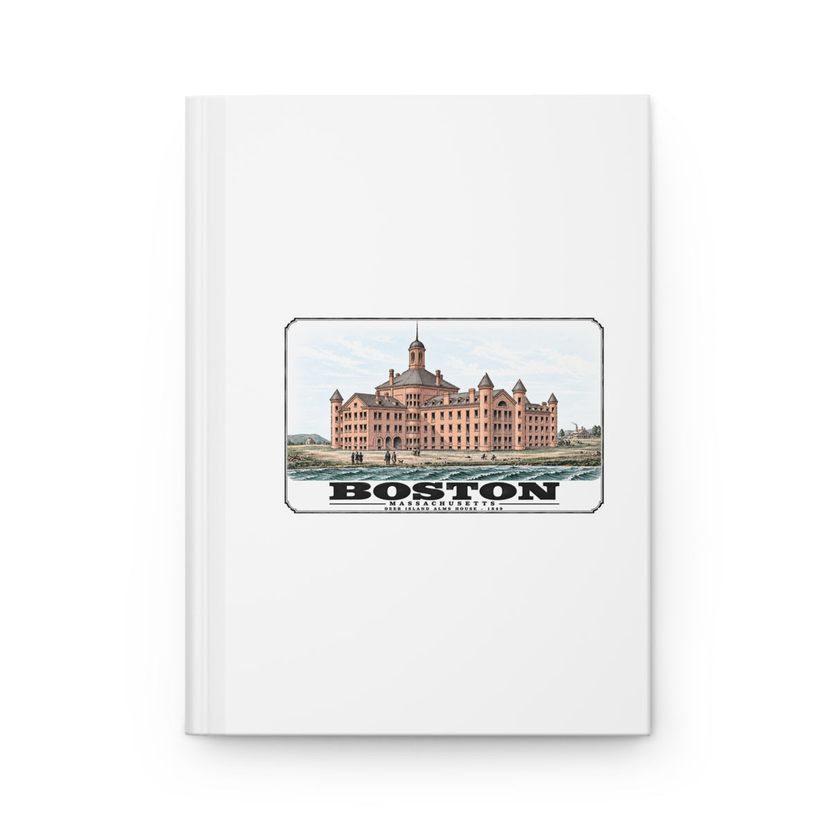 White hardcover journal with large symmetrical alms house building, grounds and figures artwork and Boston lettering