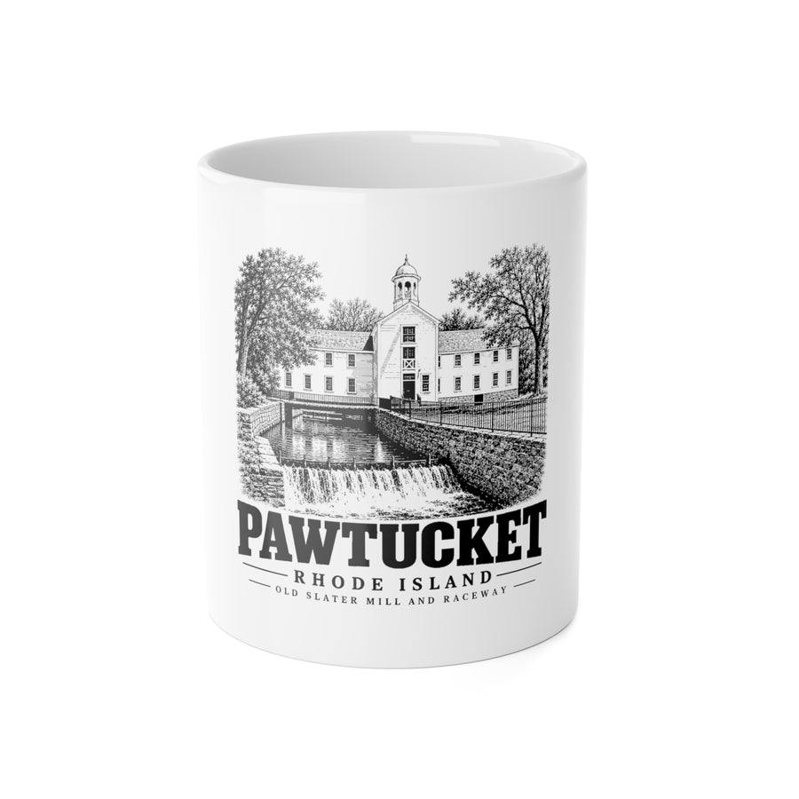 11 oz ceramic mug with Pawtucket Old Slater Mill and Raceway artwork, front view