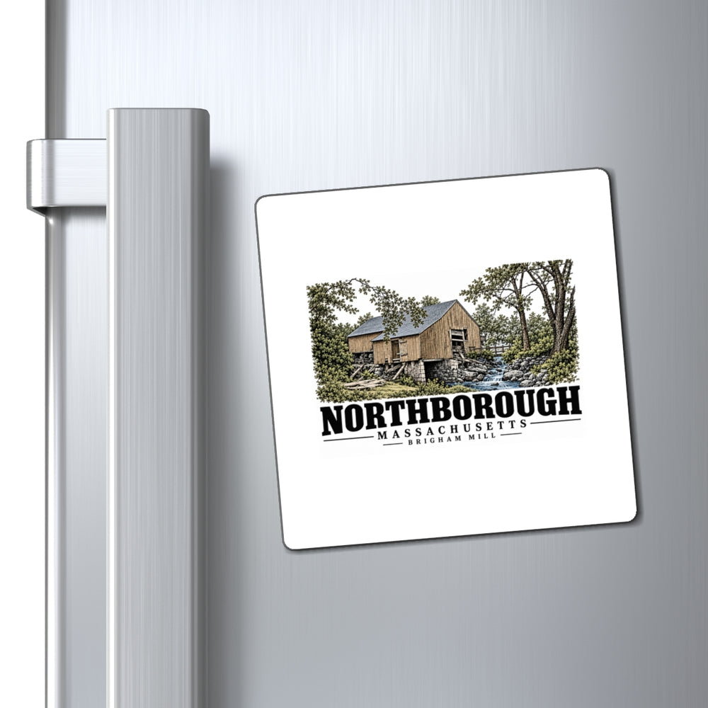 Illustrated Brigham Mill in Northborough on square magnet